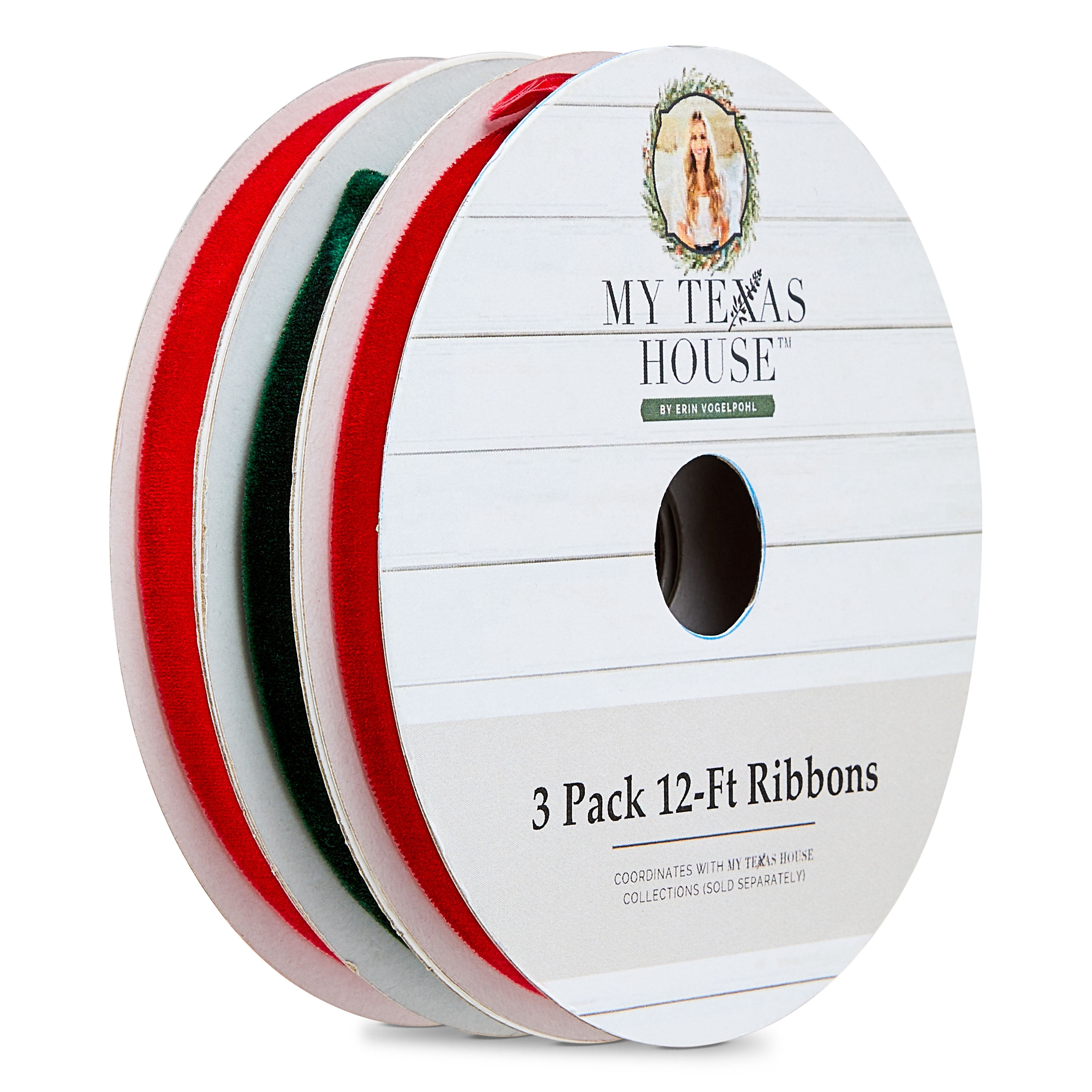 Red and Green Velvet Christmas Ribbons, 12', 3 Pack, by My Texas House