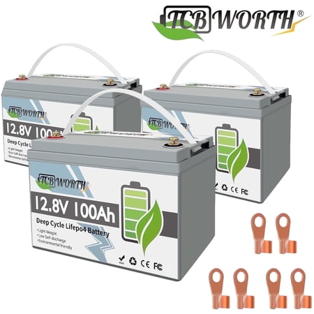 3Pack 12V 100Ah LiFePO4 Battery,for RV,Solar,Marine,Trolling Motor,Camping,off-Gird,100A BMS,15000+Deep Cycles,TCBWORTH Group 31 Lithium Batteries