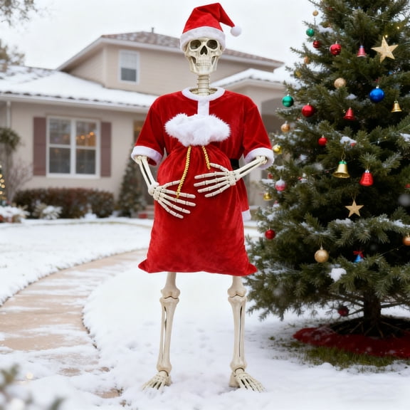 3Pack 12ft Skeleton Christmas Outfit Set,Creative Giant Skeleton Clothes Accessories Including Giant Santa Hat,Claus,Large Gift Bag Top for Outdoor Christmas Holiday Halloween New Year Decor