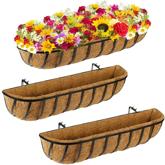 3Pack 24in Window Boxes Deck Baskets with Coconut Liner Railing Planter Hanging Flower Planter for Indoor Outdoor