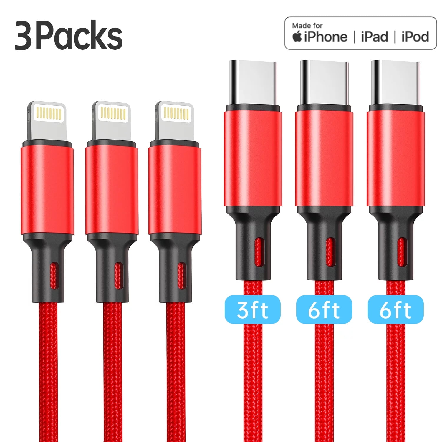Cshidworld 3Pack 3/6/6FT [Apple MFi Certified]USB C to Lightning Cable,Nylon Braided Fast Type C Charging Cord Compatible with iPhone 13 13 Pro Max 12 12 Pro Max 11 XS iPad AirPods Pro