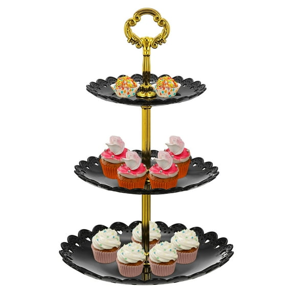 3Pack 3-Tier Cupcake Stand Holder, Plastic Tiered Serving Dessert Stand, Black