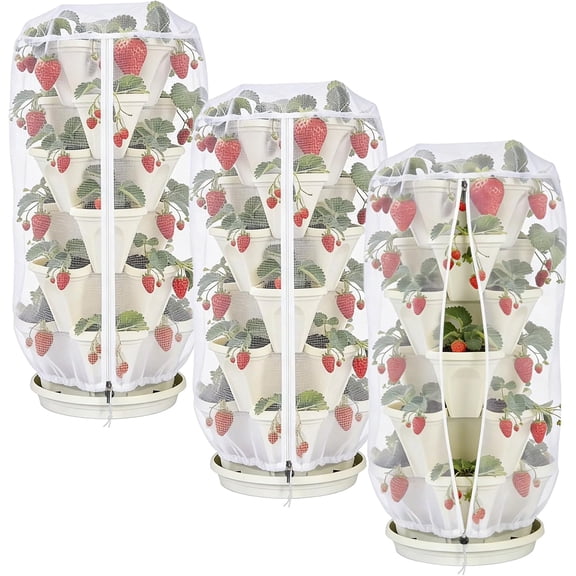 3Pack 41" x 20" Vertical Strawberry Pot Netting, Plant Pot Insect Netting with Zipper & Drawstring, Bird Barrier Planter Pot Garden Net Round Cover for 5-Tier Stackable Strawberry Fruit Vegetable