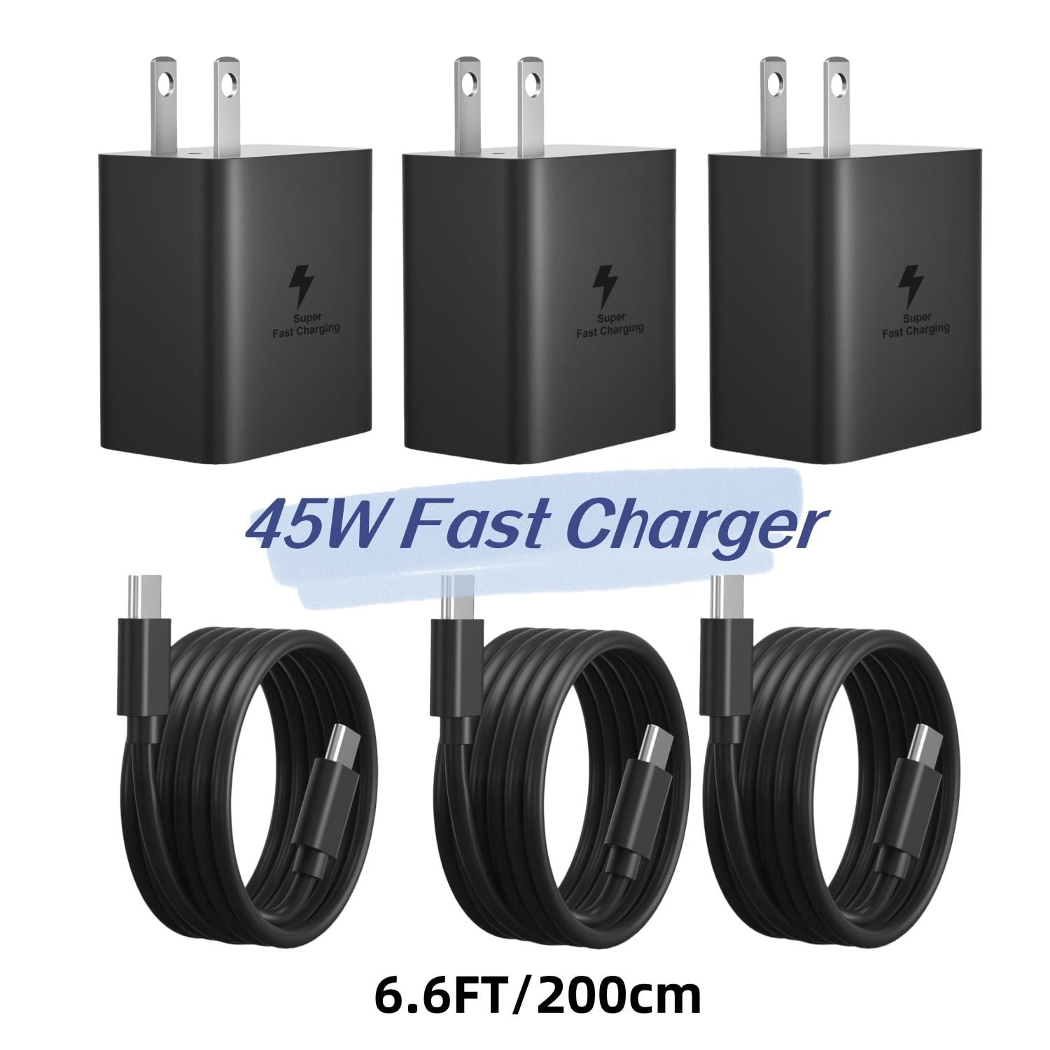 3Pack 45W Super Fast Charger Type C 6.6ft, USB C Wall Charging and Long
