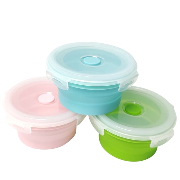 3Pack  Collapsible Silicone Food Storage Containers with Lid 17OZ Foldable Airtight Bowls Camping for Microwave  Round Pink Blue Green