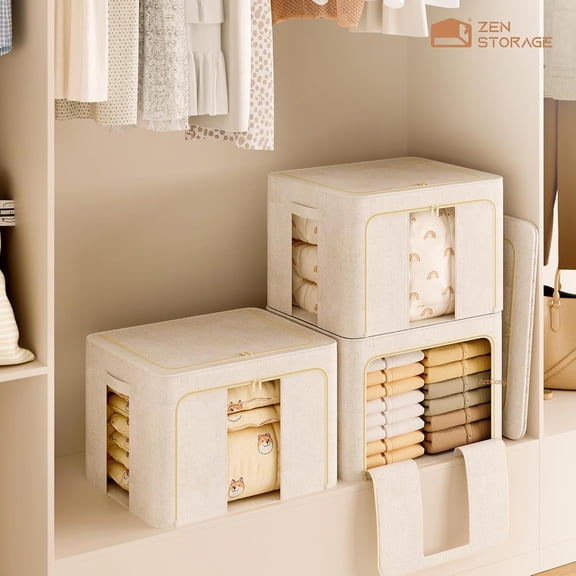 3Pack 60L Large Cloth Storage Bins with Metal Frame, Linen Storage Box with Clear Window, Stackable Sweater Storage for Closet, Clothes Containers for Comforters, Blankets, Quilts, T-shirt