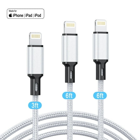 Cshidworld 3Pack [Apple MFi Certified] Lightning Charger Cables (3/6/6ft), Nylon Fast Charging Cord Compatible with iPhone 13/13 pro/12/11/11 Pro/X/Xs Max/XR/ iPad Air 2 /Mini Airpods,Silver