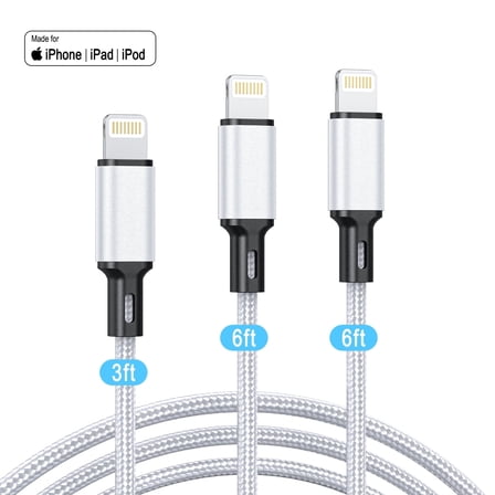 Cshidworld 3Pack [Apple MFi Certified] Lightning Charger Cables (3/6/6ft), Nylon Fast Charging Cord Compatible with iPhone 13/13 pro/12/11/11 Pro/X/Xs Max/XR/ iPad Air 2 /Mini Airpods,Silver