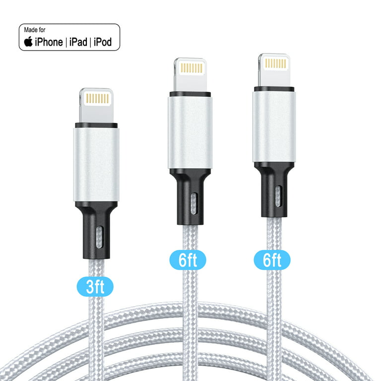 3Pack [Apple MFi Certified] iPhone Charger Cables (3/6/6ft), Lightning Cable  Nylon Fast iPhone Charging Cord Compatible for iPhone 13/13 pro/12/11/11 Pro /X/Xs Max/XR/ iPad Air 2 /Mini Airpods(Silver) 