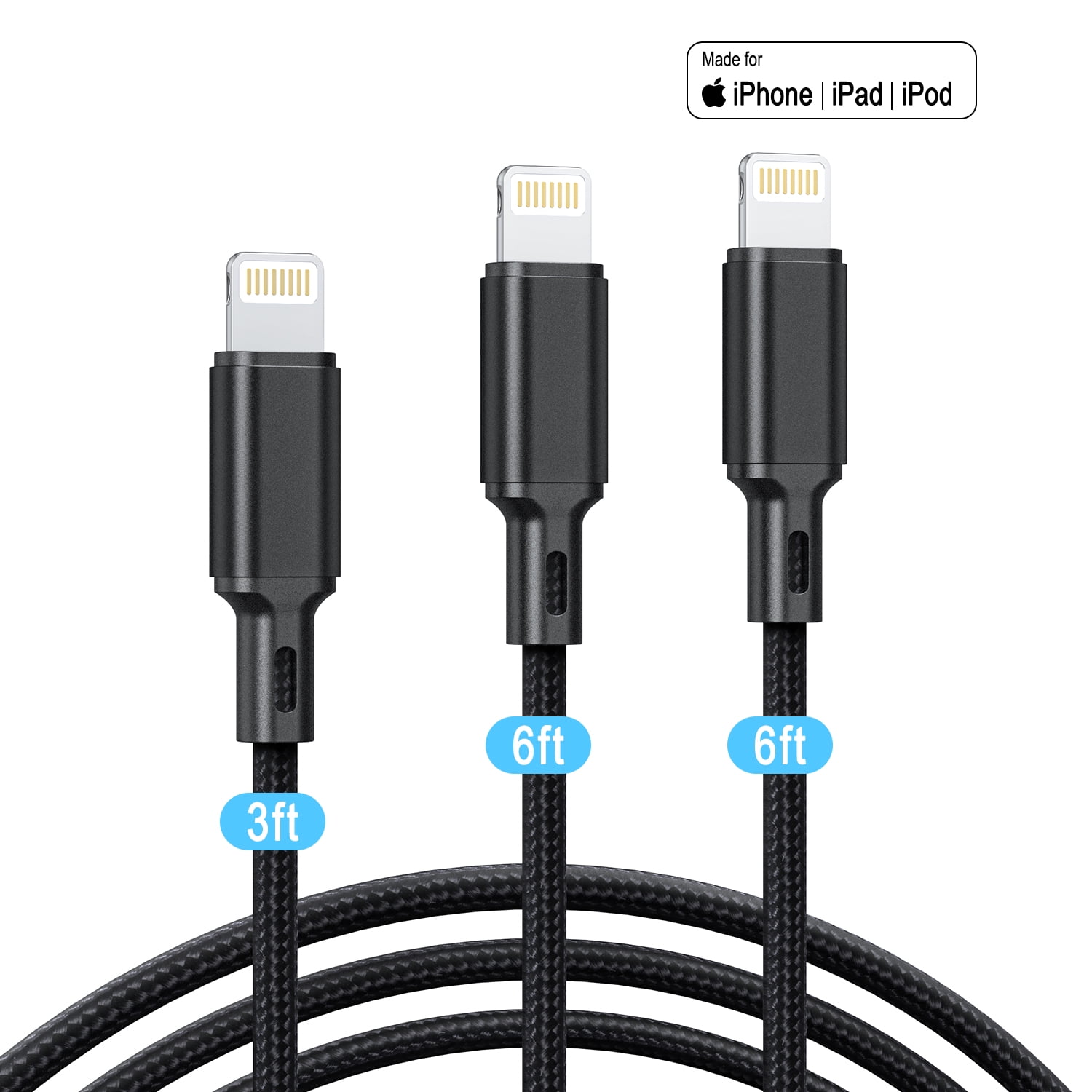 3Pack MFi Certified iPhone Charger Cables (3/6/6ft), Compatible with iPhone 14/13/12/11 Pro Max