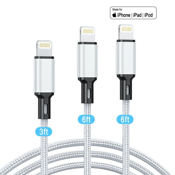 3Pack Apple MFi Certified iPhone Charger Cables 3 6 6ft Long Lightning Cable Nylon Fast iPhone Charging Cord Compatible for iPhone 14 13 12 11 Pro Max Pro 13 12 Mini MAX XS AirPods iPad Silver Walmart...