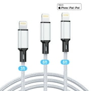 3Pack [Apple MFi Certified] iPhone Charger Cables (3/6/6ft), Long Lightning Cable Nylon Fast iPhone Charging Cord Compatible for iPhone 14/13/12/11 Pro Max/Pro 13/12 Mini MAX XS AirPods iPad,Silver