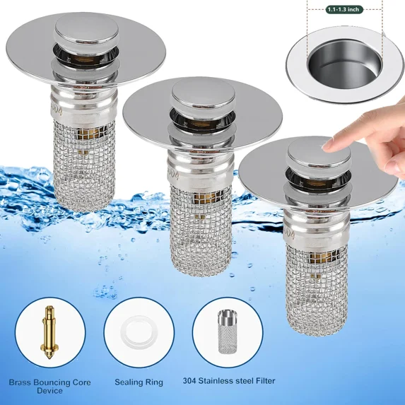 3Pack Bathroom Sink Stopper For 1.1-1.3In Pop Up Drain Filter With Hair Strainer