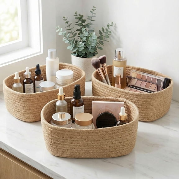3Pack Beautiful Storage Basket, Sturdy Jute Rope Baskets for Shelves Are Perfect for Organizing Your Home - Quality Storage Bins Easily Fit With Any Nursery or Bedroom Decor(C)