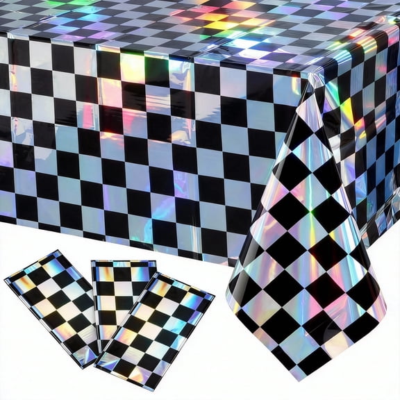 3Pack Black and Iridescent Checkered Plastic Tablecloth, Shiny Disposable Laser Rectangle Table Covers, Holographic Foil Tablecloth Iridescent Party Decorations for Picnic Camping Race Car