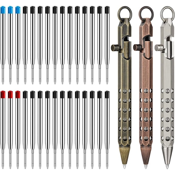 3Pack Bolt Action Pen Set, Hexagonal Solid Brass Pocket Pen with 30 Ballpoint Refills C