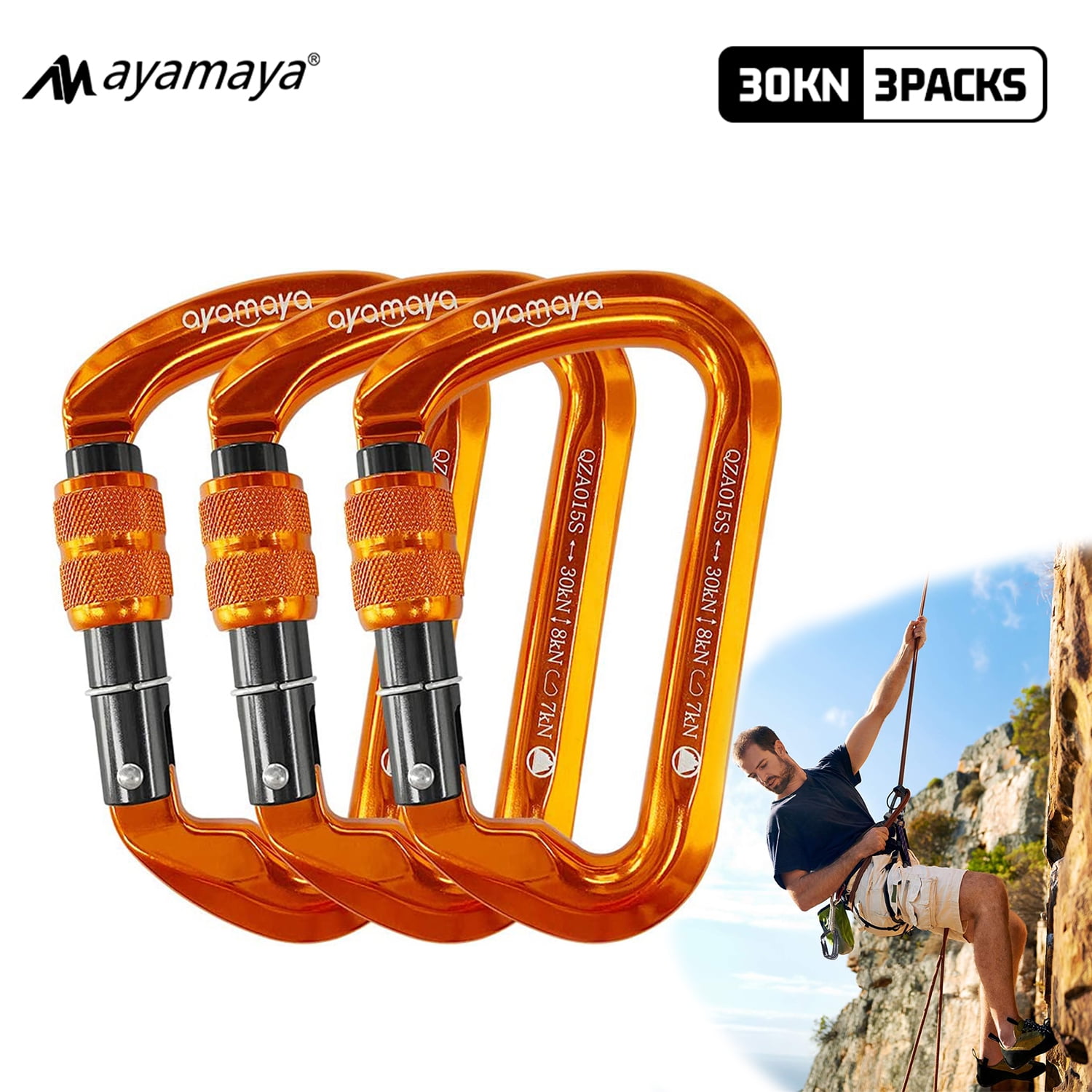 3Pack Carabiner Clips, AYAMAYA Heavy-Duty 30KN Aluminum Locking Clip Hook with D Ring for Traveling Camping (Orange)
