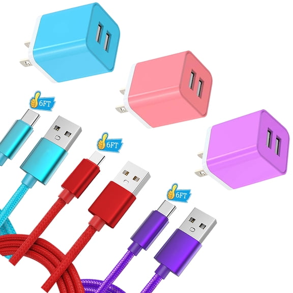 3Pack Charger Block,Type C Charger Fast Charging 6 Feet AlmosTen High Speed Android Phone Charger Block Plug Adapter 2.4A Dual Port USB Wall Charger Block with(Type C Charger 6ft)