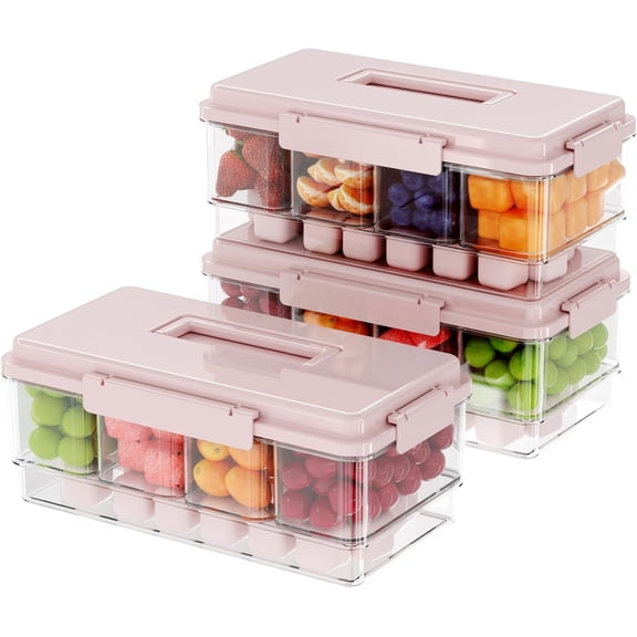 3Pack Chilled Condiment Caddy with 4 Containers 4 Lids Fruit Serving Tray Platter with Handle Portable Snackle Box Organizer Server with Ice Pack for Mimosa Bar Supplies,Salad,Taco,Party Garnish,Pink