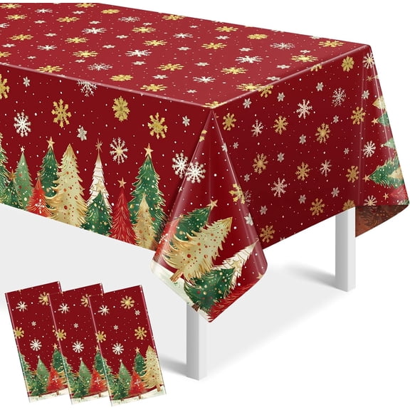 3Pack Christmas Tablecloths Waterproof Red Green Christmas Tree Disposable Plastic Table Cover Rectangle Party Tablecloths for Xmas Holiday Home Dinner Party Decorations,54 x 108 Inch