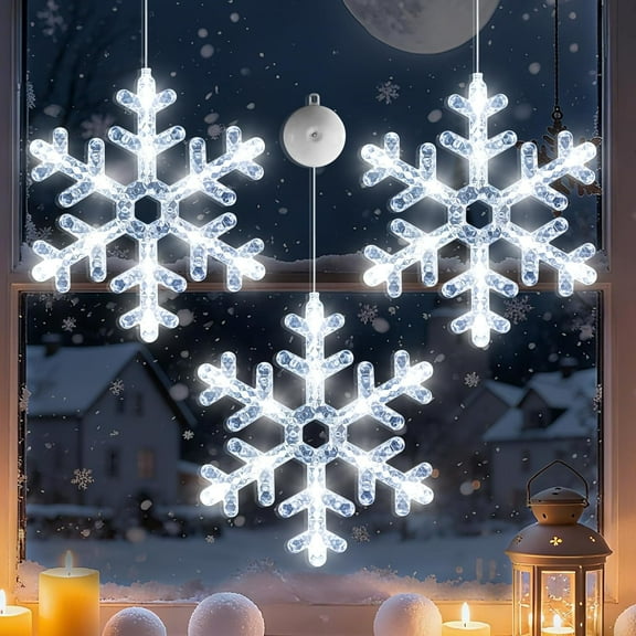 3Pack Christmas Window Lights Decorations with Timer,Battery Powered White Lighted Snowflake Shaped LED String Sucker for Xmas 2026 Hanging Fireplace Window Indoor Decor