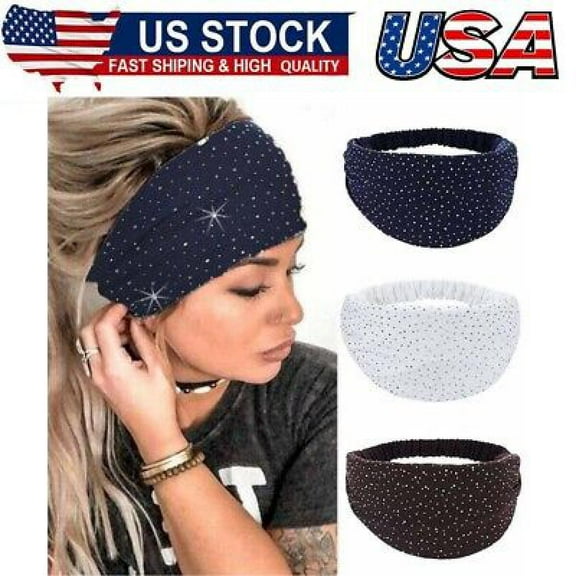 3Pack Crystal Wide Headbands Rhinestone Head Bands Black Turban Headband Elastic