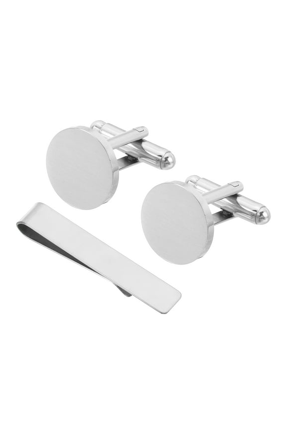 3Pack Cufflinks and Tie Clip Set for Men, Stainless Steel Round Cuff Links, Silver