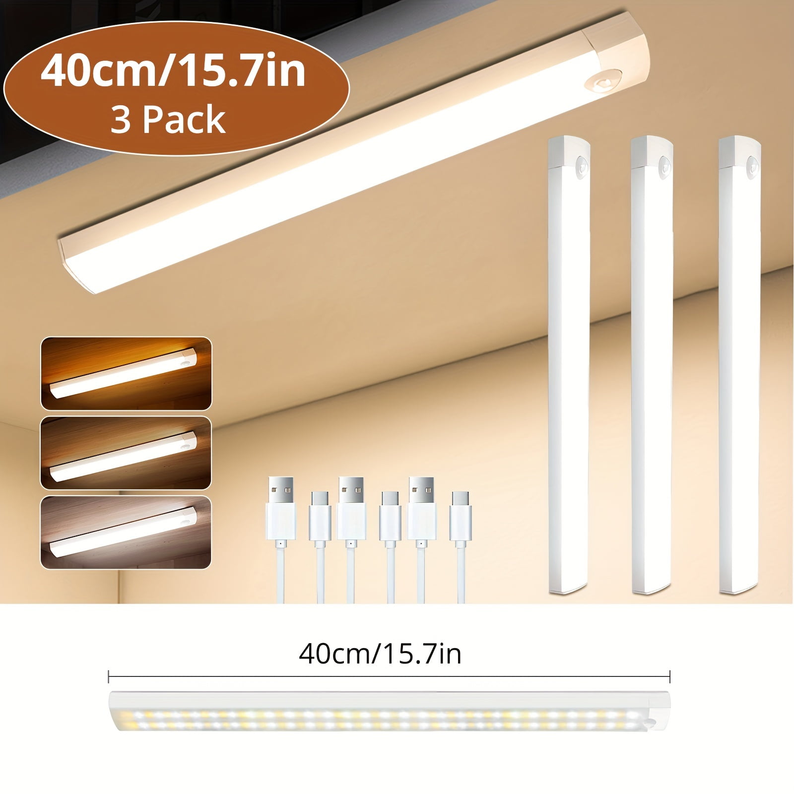 3Pack Dimmable Motion Sensor Cabinet Light - Wireless Magnetic USB Rechargeable, 3 Color Temps, Under Counter Lighting for Kitchen Closet Wardrobe Hallway Stairs