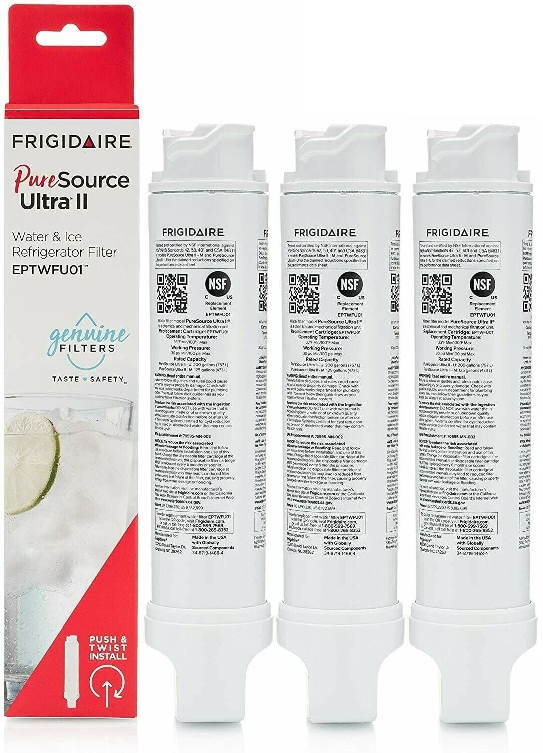 3Pack EPTWFU01 Frigidaire® Water Filter Replacement,TH01 Refrigerator Water Filter Compatible