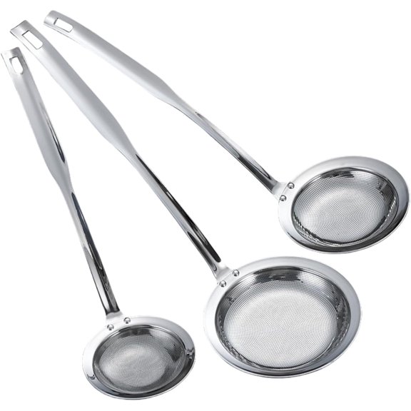 3Pack Fine Mesh Strainer, Metal Flat Skimmer Ladle Colander with Long Handle, Skimmer Cooking Basket for Kitchen food Strainer, Filtering Tea, Matcha, Cocktails, Juice (Small + Medium+ Large)
