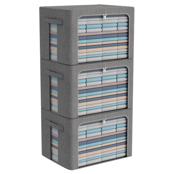 3Pack Foldable Storage Bins - Frame Storage Box Linen Fabric Stackable Clothes Container Organizer with Clear Window & Carry Handles Large Capacity (Large-66L, Dark Gray) C104