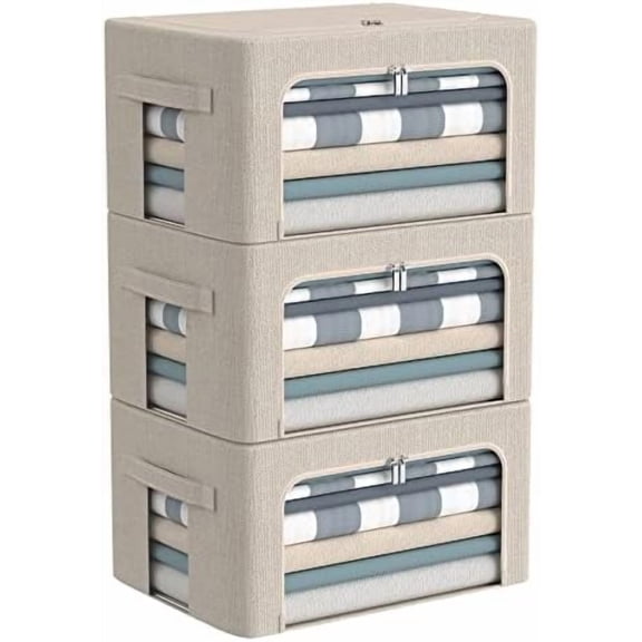 3Pack Foldable Storage Bins - Frame Storage Box Linen Fabric Stackable Clothes Container Organizer with Clear Window & Carry Handles Large Capacity (Small-22L, Beige)