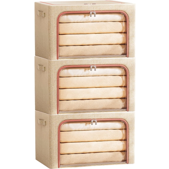 3Pack Frame Storage Box - Clothes Storage Bin Bags Oxford Fabric Foldable Stackable Container Organizer Set with Clear Window & Carry Handles Large Capacity
