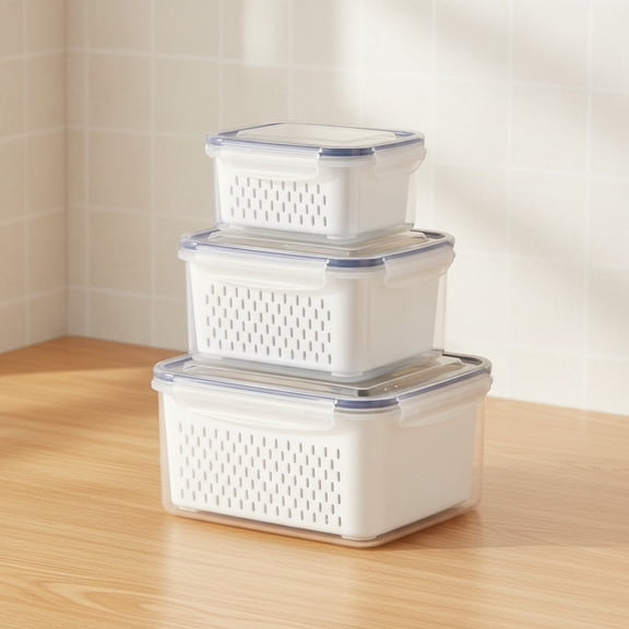 3Pack Fridge Food Storage Container Set with Lids with Strainer, Plastic Fresh Produce Saver Vegetable Fruit Meat Storage Organization, BPA-Free Plastic Produce Keepers