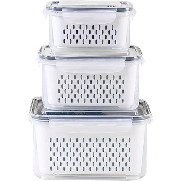 3Pack Fridge Food Storage Container Set with Lids with Strainer,Plastic Fresh Produce Saver Vegetable Fruit Meat Storage Organization, BPA-Free Plastic Produce Keepers(3.15L+1.7L+0.8L)