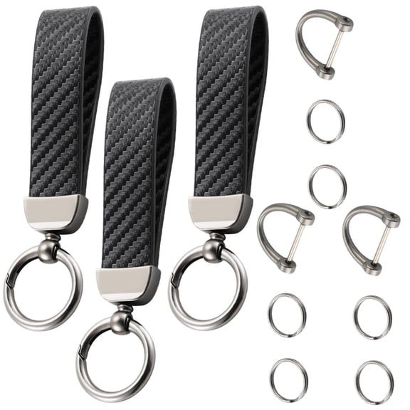 3Pack Generic Leather Carbon Fiber Keychain Anti-Lost D-Ring 2 Key Rings Wristlet Black or Grey Universal Car Key Accessory for Men Women