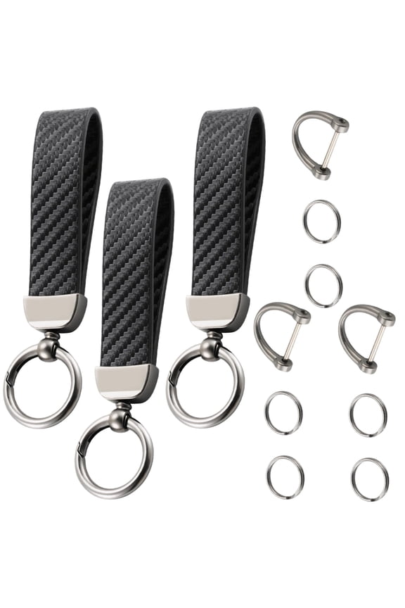 3Pack Generic Leather Carbon Fiber Keychain Anti-Lost D-Ring 2 Key Rings Wristlet Black or Grey Universal Car Key Accessory for Men Women