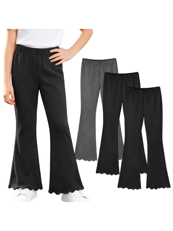 3Pack Girls Ruffle Flared Bottoms Trousers Casual Elastic Waist Base Layer Leggings Kids Cozy Indoor Outdoor Dance Activewear Pants 3-14Years ,Black ,110