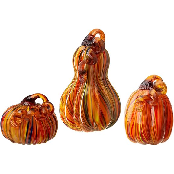3Pack Glass Pumpkin Gourd, Handmade Table Top Home Decor Multi Striped Glass Pumpkins for Fall Halloween Thanksgiving Decorations
