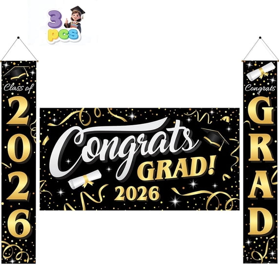 3Pack Graduation Decorations Class of 2026,Congrats Grad 2026 Backdrop Banner and Hanging Porch Signs,Black Gold Graduation Party Supplies for High School College Party,Photography Props