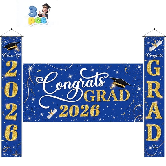3Pack Graduation Decorations Class of 2026,Congrats Grad 2026 Backdrop Banner and Hanging Porch Signs,Blue Gold Graduation Party Supplies for High School College Party,Photography Props