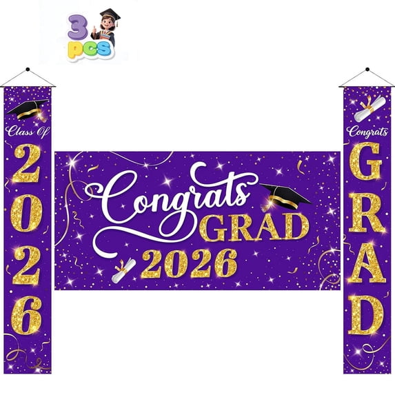 3Pack Graduation Decorations Class of 2026,Congrats Grad 2026 Backdrop Banner and Hanging Porch Signs,Purple Gold Graduation Party Supplies for High School College Party,Photography Props