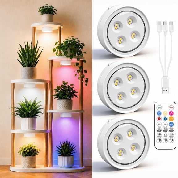 3Pack Grow Light for Indoor Plants, Rechargeable Grow Lights for Indoor Plant Full Spectrum, Wireless Plant Growth Lights for Indoor with Timer & Remote, Stepless Dimming