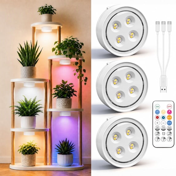 3Pack Grow Light for Indoor Plants, Rechargeable Grow Lights for Indoor Plant Full Spectrum, Wireless Plant Growth Lights for Indoor with Timer & Remote, Stepless Dimming