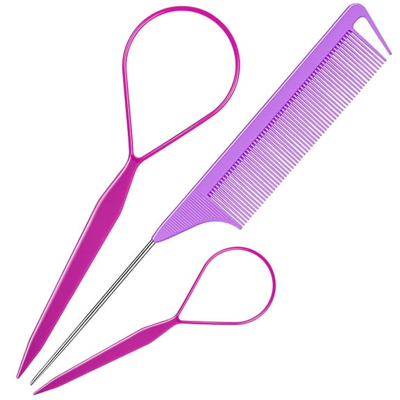 3Pack Hair Loop Tool Set with 2PCS French Braid Tool Loop 1PCS Rat Tail Comb Metal Pin Tail Braiding Comb for Hair Styling, Purple