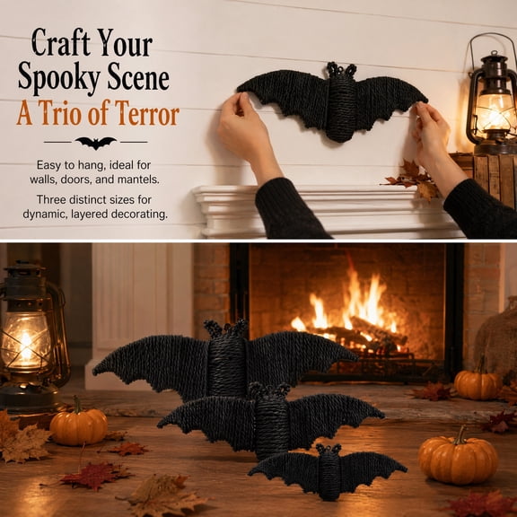 Handwoven Black Rattan Bats Set of 3 Halloween Wicker Bat Wall Decor Hanging for Indoor Outdoor Porch Mantel Haunted House Party Decorations