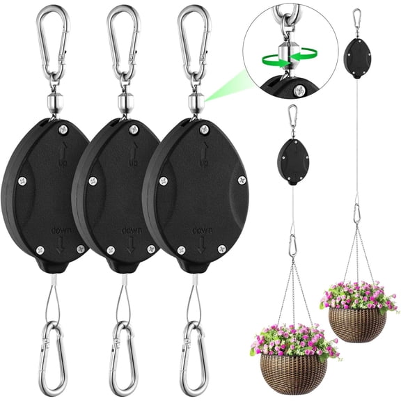 3Pack Heavy Duty Retractable Plant Hangers Adjustable Pulleys with 63" Pull-Down Design Stainless Steel Rope Double-Headed Hooks for Hanging Baskets Bird Feeders Planters and Pots Supports up to 45lb