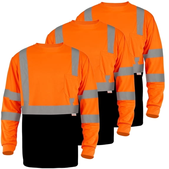 Hi-Vis Safety Shirt Long Sleeve Class 3 Reflective Work T-Shirt 3-Pack Orange/Black