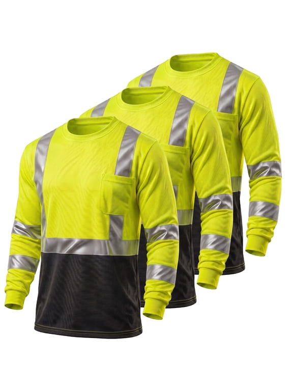 Hi-Vis Long Sleeve Work Shirt, ANSI Class 3 Reflective, Yellow/Black, 3-Pack, Size M
