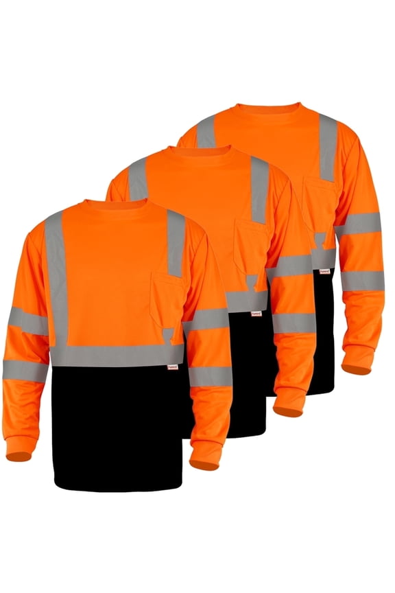 Hi-Vis Safety Shirt Long Sleeve Class 3 Reflective Work T-Shirt 3-Pack Orange/Black